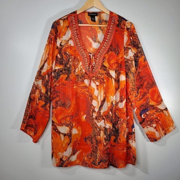 Lane Bryant Abstract Print Beaded Tunic Blouse Orange Size 14/16 - Picture 9 of 9